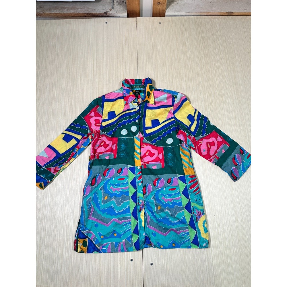 Vintage Lauren Ralph Lauren Shirt Women S Petite Multi Abstract Cotton Button-Up